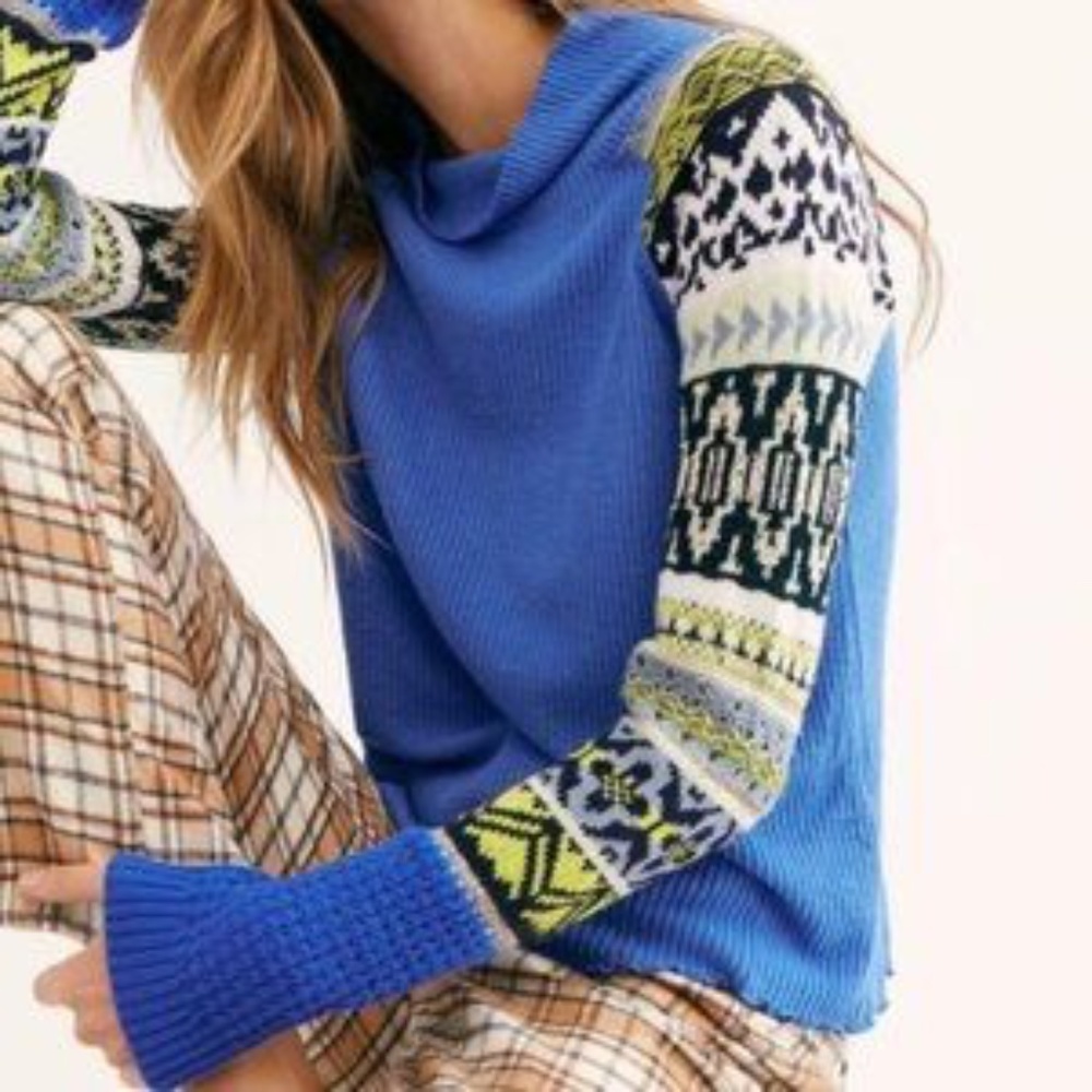 Free People NWT Prism Sweater in Blue Bell Combo XL